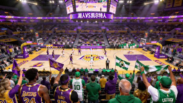 NBA湖人主场对阵凯尔特人比赛现场观众席与球场全景