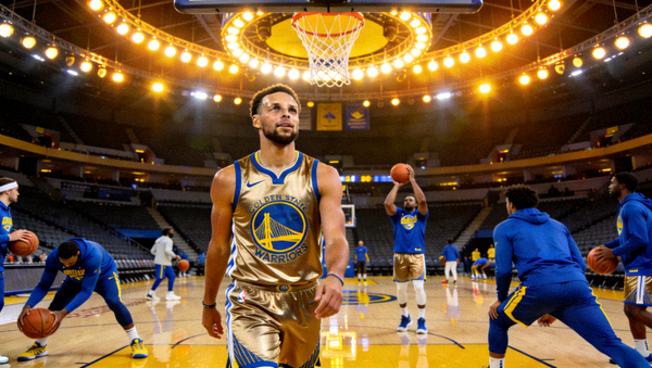 NBA金州勇士对阵丹佛掘金赛前球员热身与球场灯光