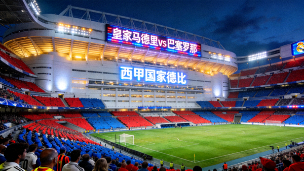 西甲国家德比皇家马德里对阵巴塞罗那的伯纳乌球场夜景
